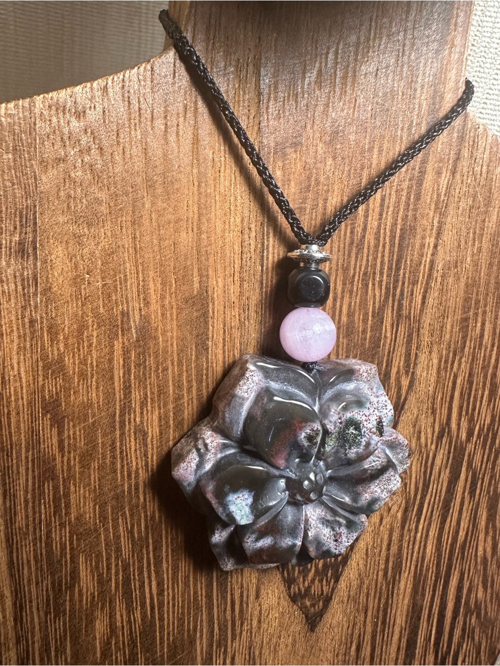 Ocean Jasper Pendant Necklace with Kunzite on Thin Black Adjustable Rope - Picture 13 of 16